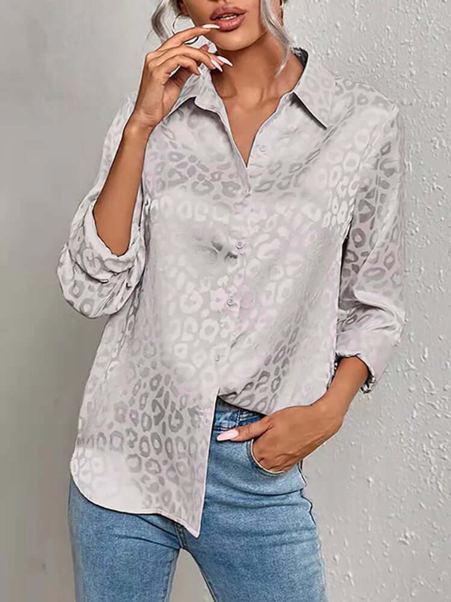 Women's Leopard Print Jacquard Long-Sleeve Blouse