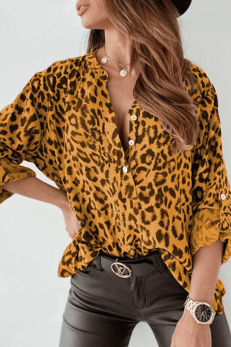 Women's Leopard Print Long-Sleeve Button-Up Blouse