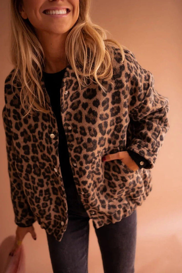 Women's Leopard Print Snap-Front Relaxed Bomber Coat Jacket