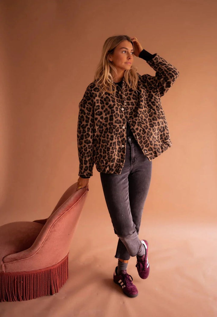 Women's Leopard Print Snap-Front Relaxed Bomber Coat Jacket