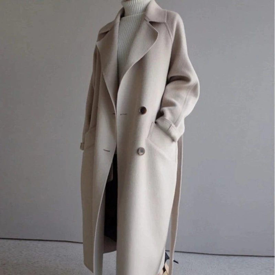 Women's Long Double-Breasted Wool Coat Belted Trench