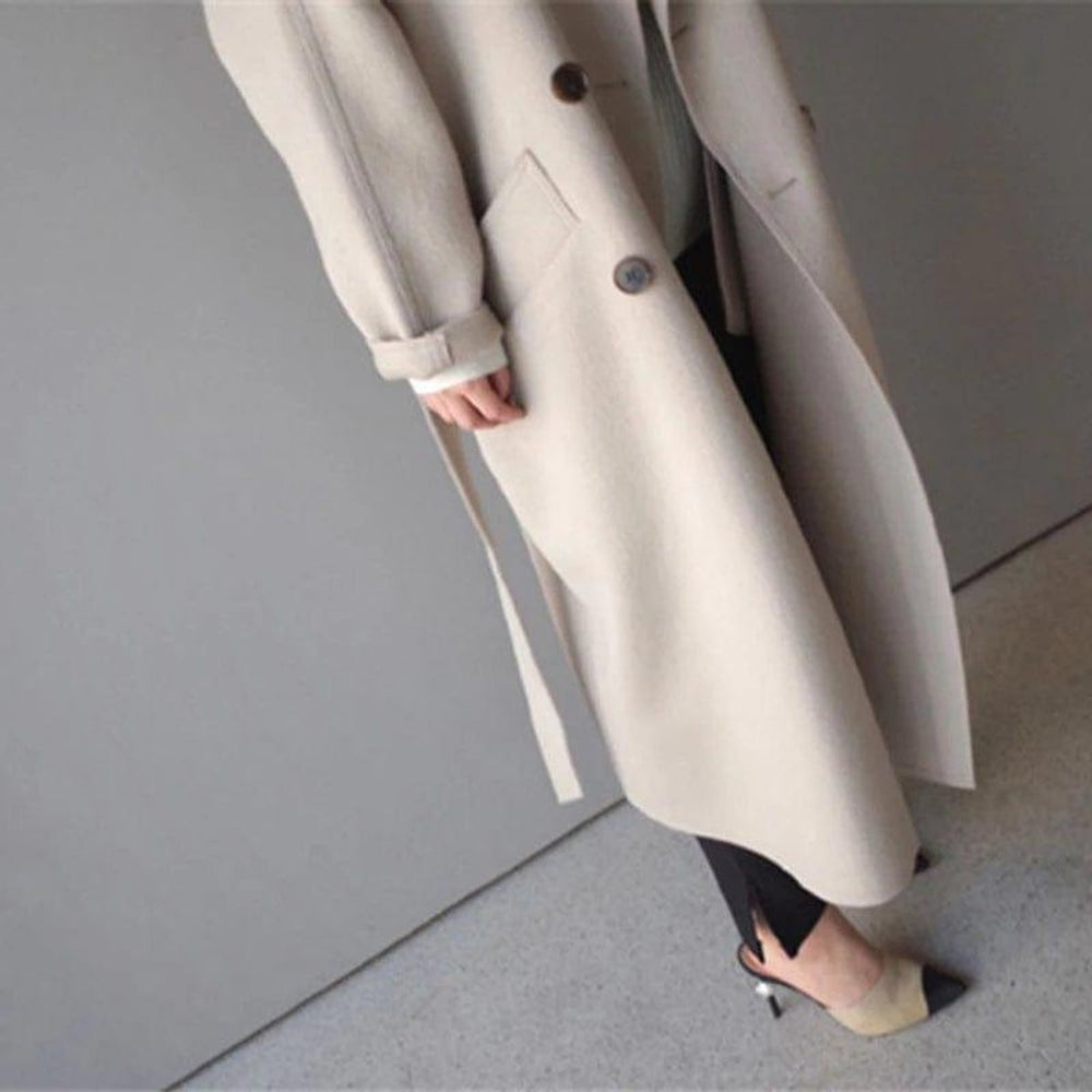 Women's Long Double-Breasted Wool Coat Belted Trench
