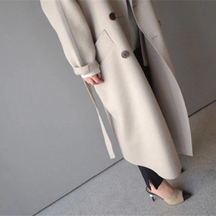 Women's Long Double-Breasted Wool Coat Belted Trench