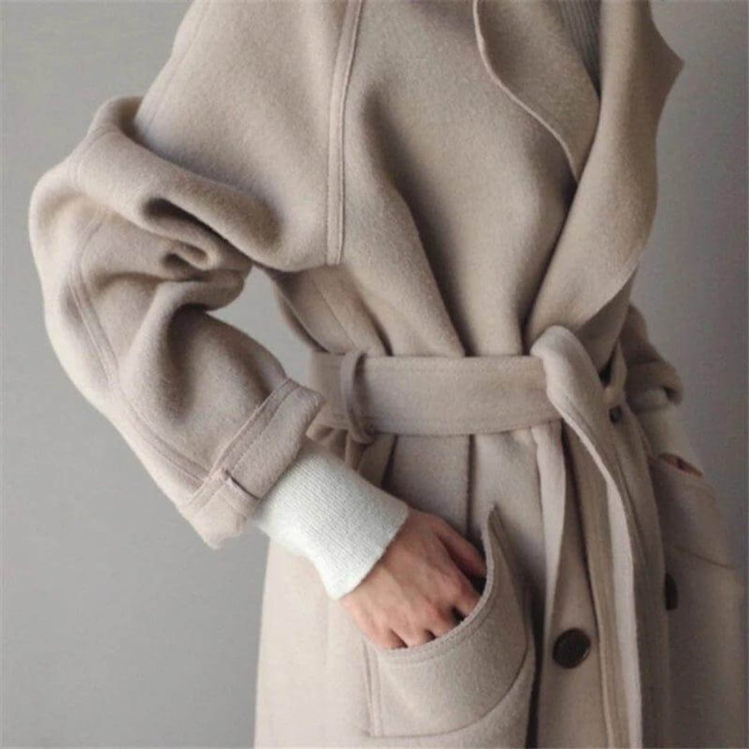Women's Long Double-Breasted Wool Coat Belted Trench