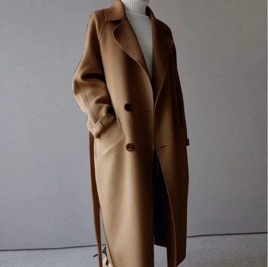 Women's Long Double-Breasted Wool Coat Belted Trench