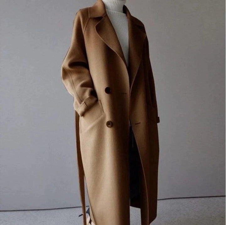 Women's Long Double-Breasted Wool Coat Belted Trench