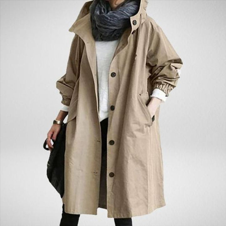Women's Long Hooded Waterproof Trench Coat Relaxed Fit
