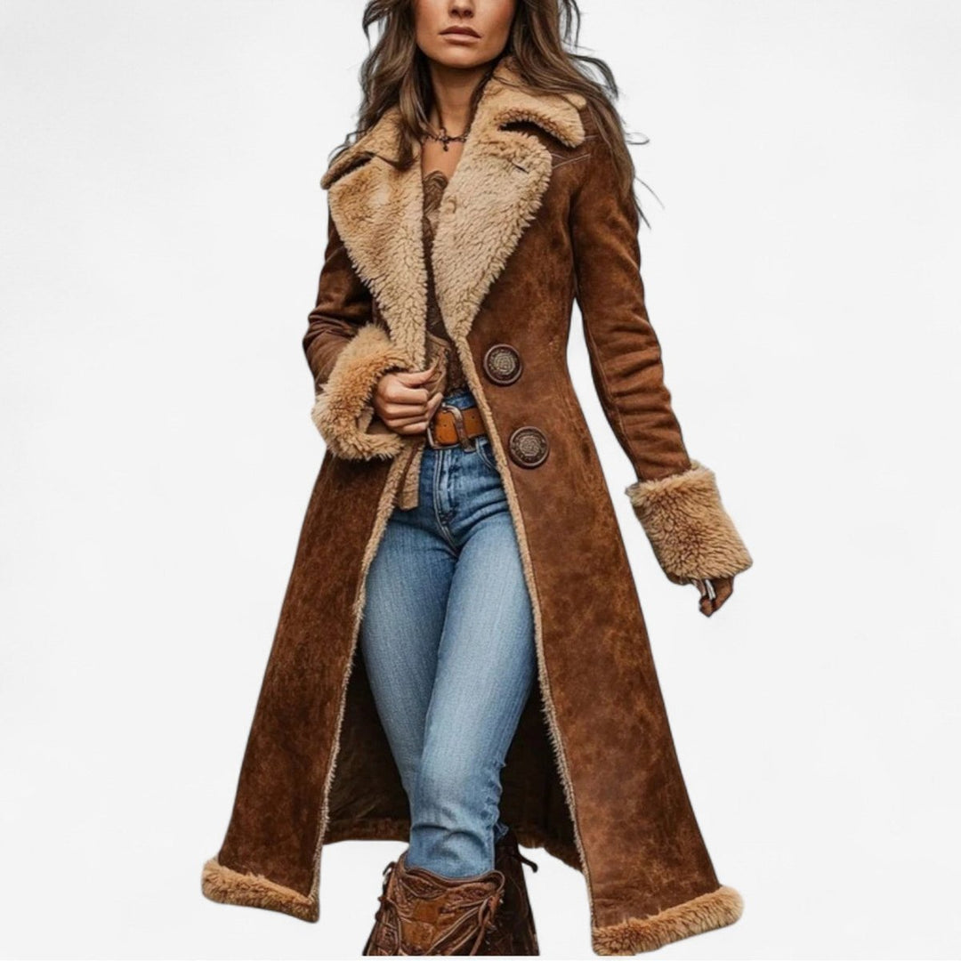 Womens Long Shearling-Lined Suede Trench Coat Flared Silhouette