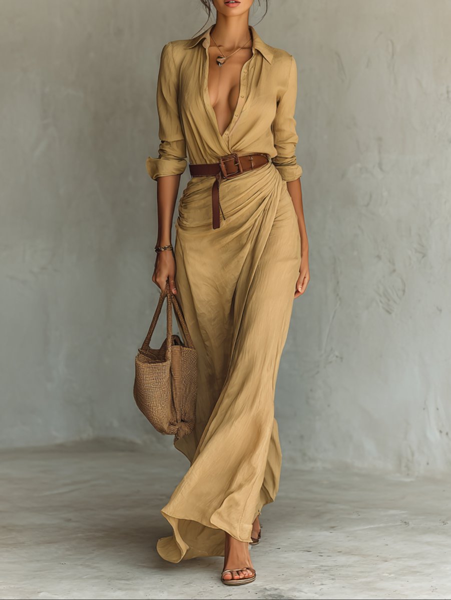 Women's Long-Sleeve Belted Shirt-Collar Flowy Maxi Dress