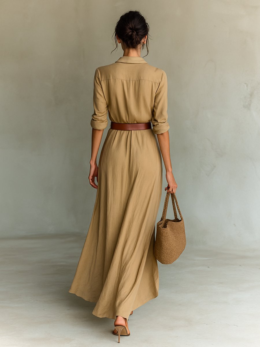 Women's Long-Sleeve Belted Shirt-Collar Flowy Maxi Dress