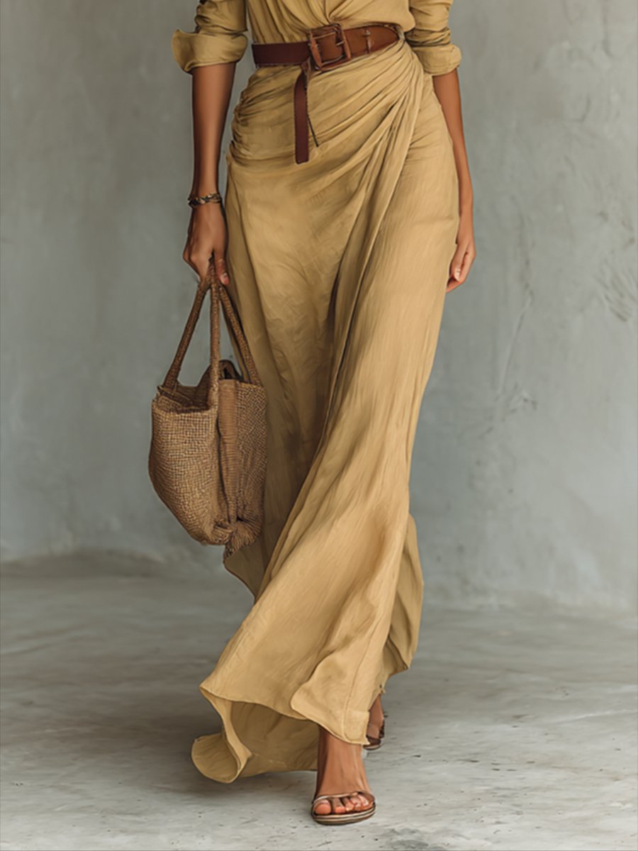 Women's Long-Sleeve Belted Shirt-Collar Flowy Maxi Dress