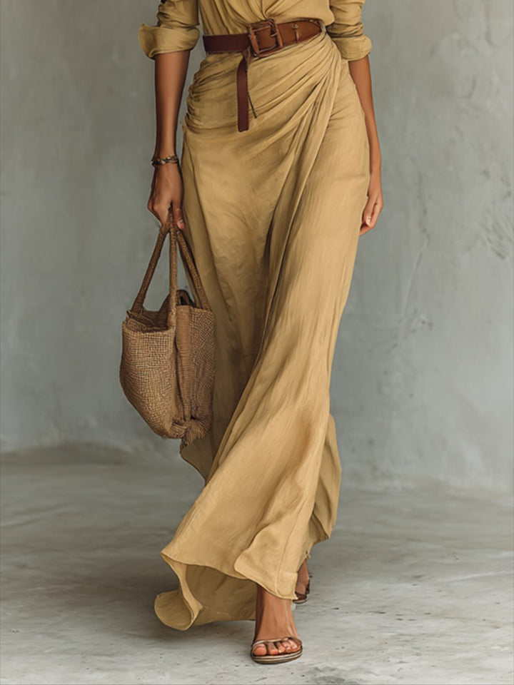 Women's Long-Sleeve Belted Shirt-Collar Flowy Maxi Dress