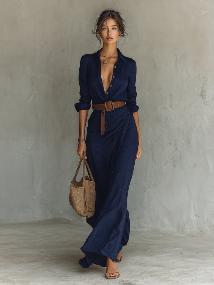 Women's Long-Sleeve Belted Shirt-Collar Flowy Maxi Dress