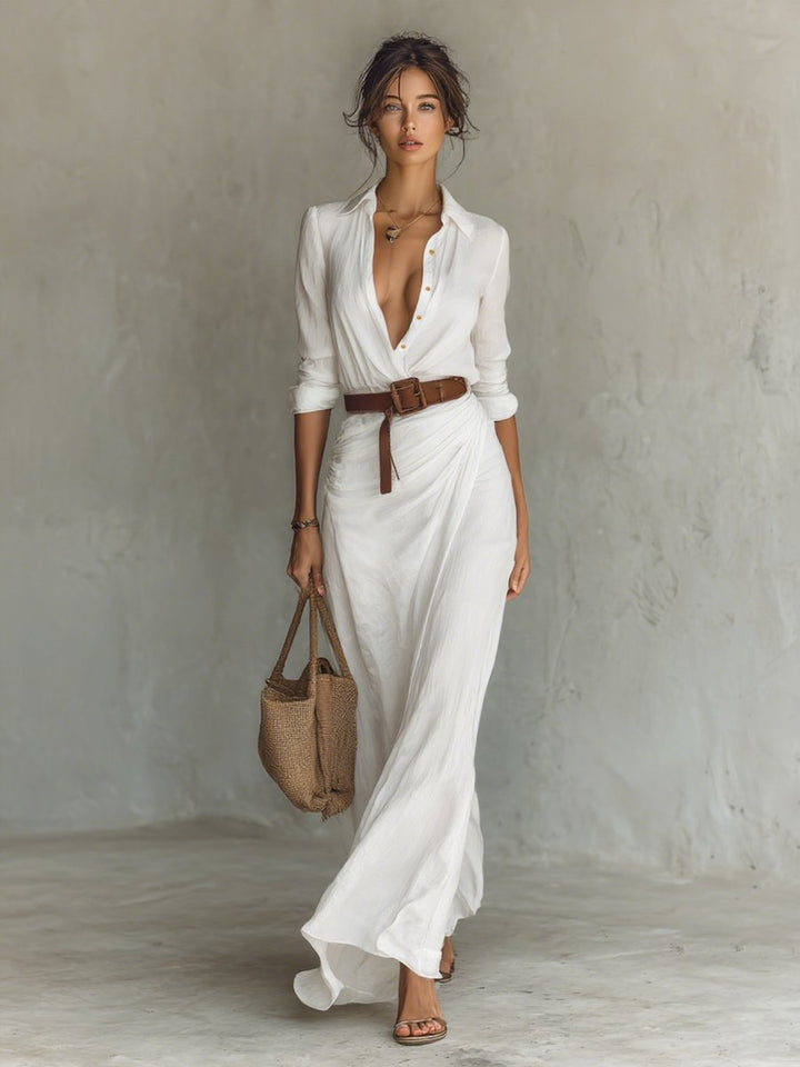 Women's Long-Sleeve Belted Shirt-Collar Flowy Maxi Dress