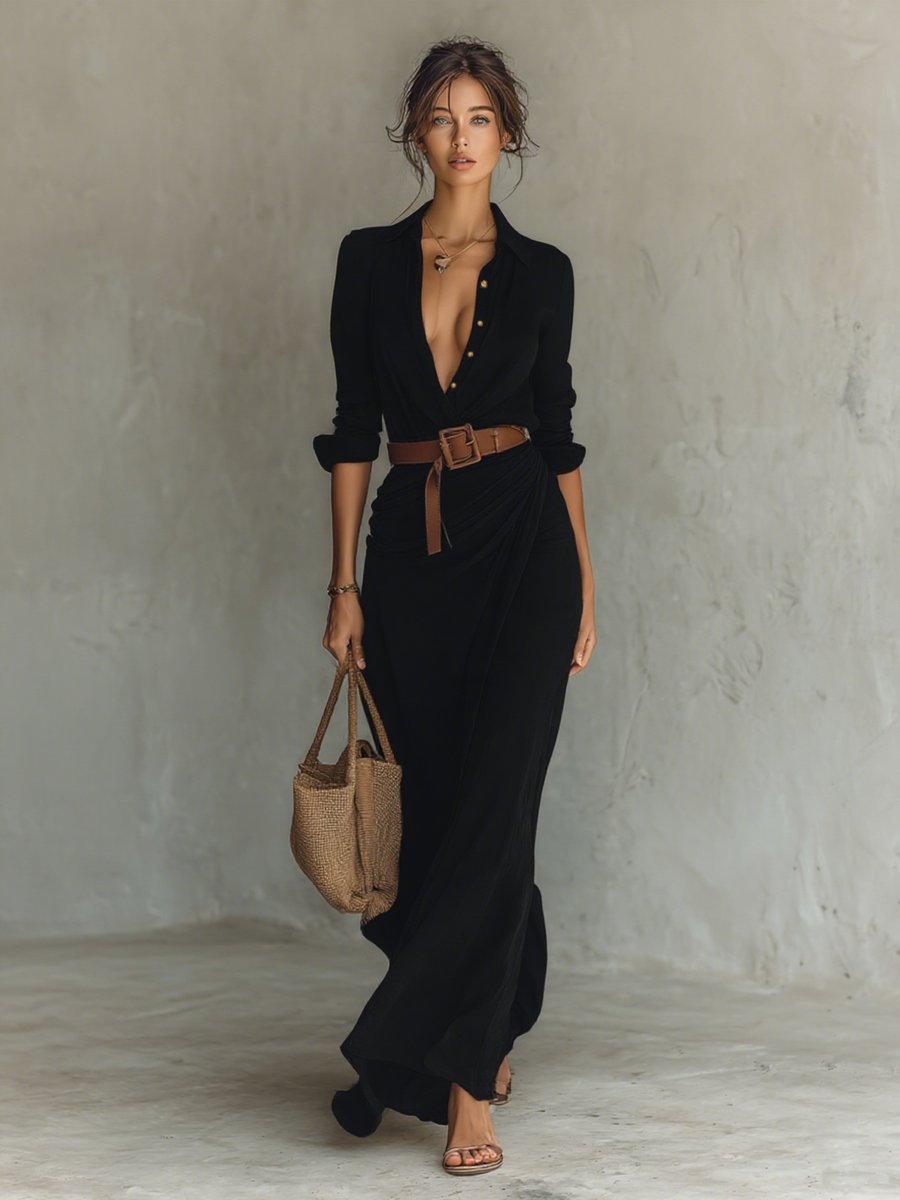 Women's Long-Sleeve Belted Shirt-Collar Flowy Maxi Dress