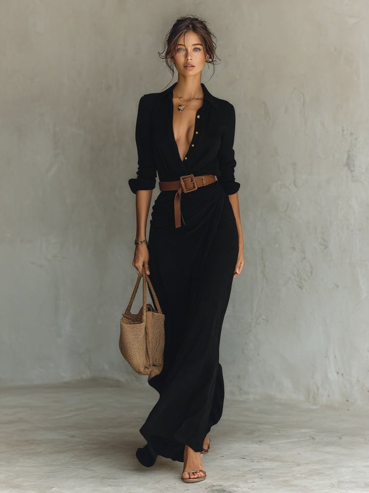Women's Long-Sleeve Belted Shirt-Collar Flowy Maxi Dress