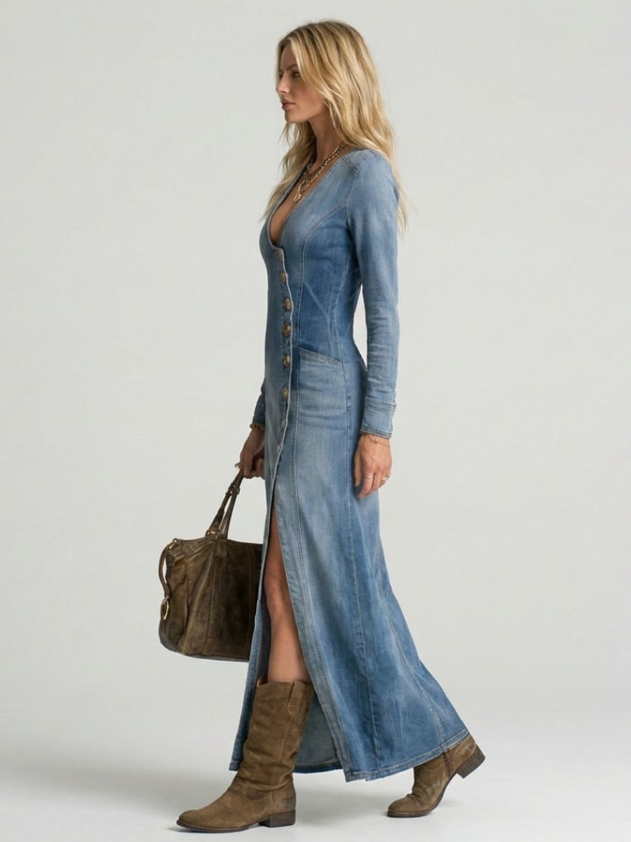 Women's Long Sleeve Button-Front Denim Everyday Maxi Dress Deep V-Neck