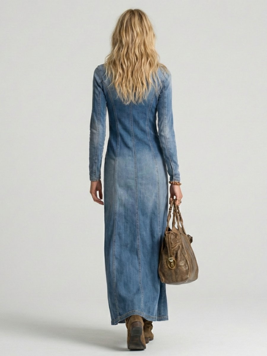 Women's Long Sleeve Button-Front Denim Everyday Maxi Dress Deep V-Neck
