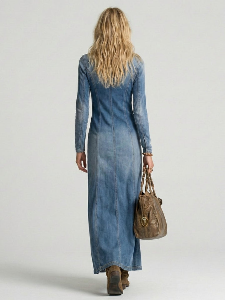 Women's Long Sleeve Button-Front Denim Everyday Maxi Dress Deep V-Neck