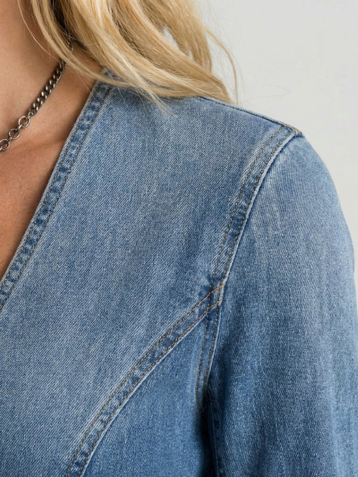 Women's Long Sleeve Button-Front Denim Everyday Maxi Dress Deep V-Neck