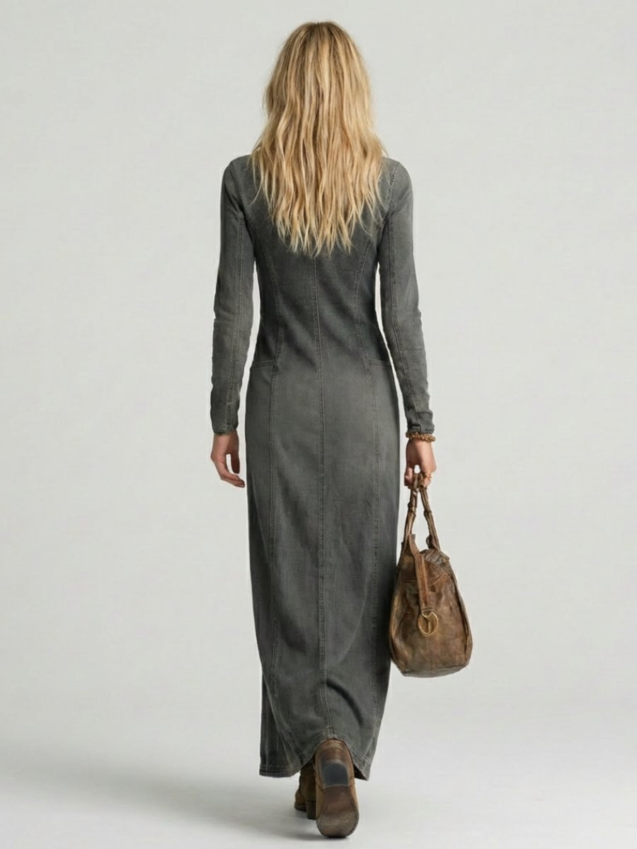 Women's Long Sleeve Button-Front Denim Everyday Maxi Dress Deep V-Neck