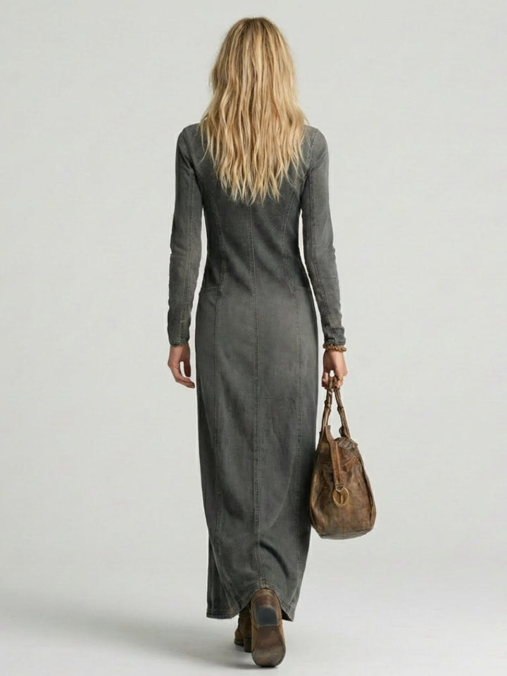 Women's Long Sleeve Button-Front Denim Everyday Maxi Dress Deep V-Neck