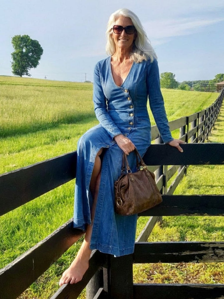 Women's Long Sleeve Button-Front Denim Everyday Maxi Dress Deep V-Neck