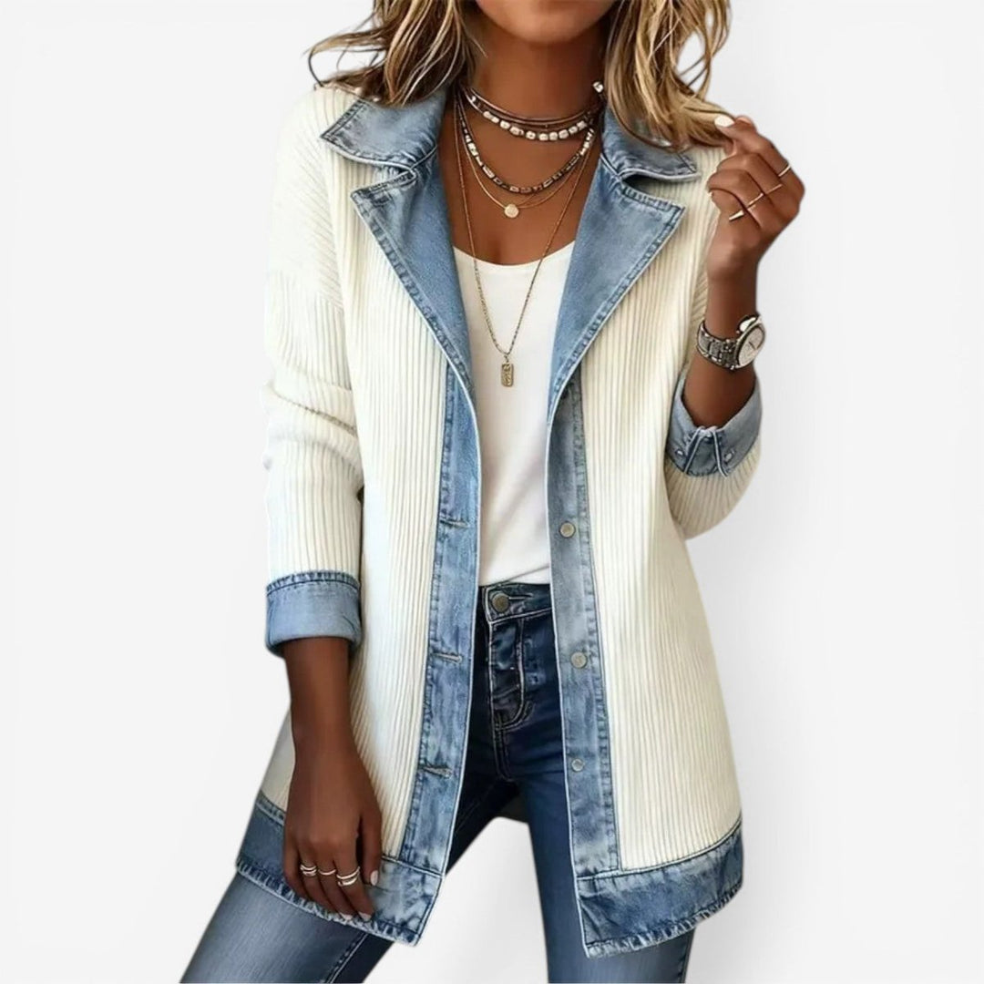 Women's Long-Sleeve Denim Trim Ribbed Knit Vintage Blouse