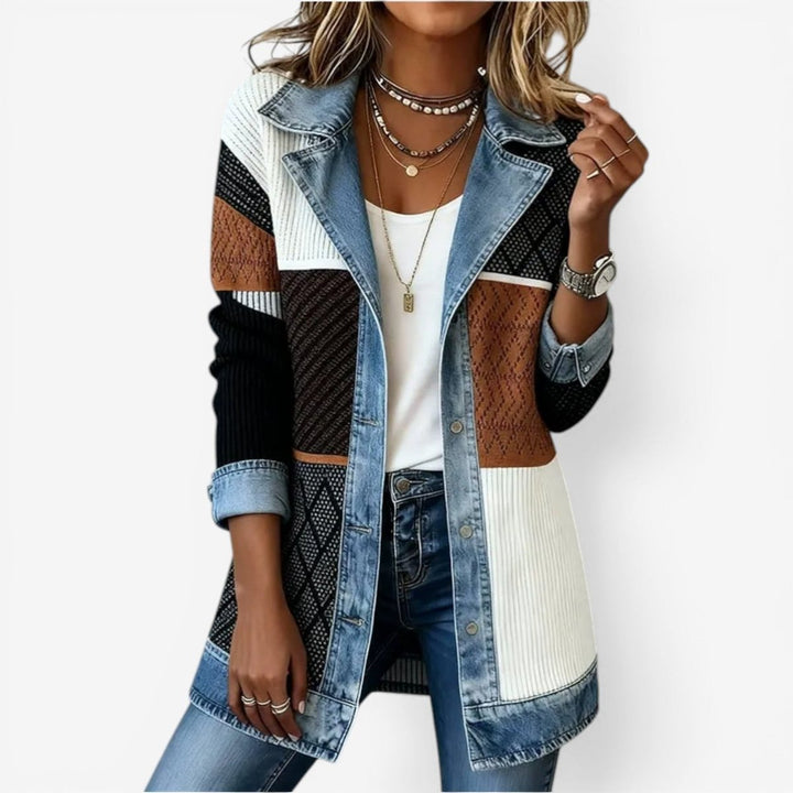 Women's Long-Sleeve Denim Trim Ribbed Knit Vintage Blouse