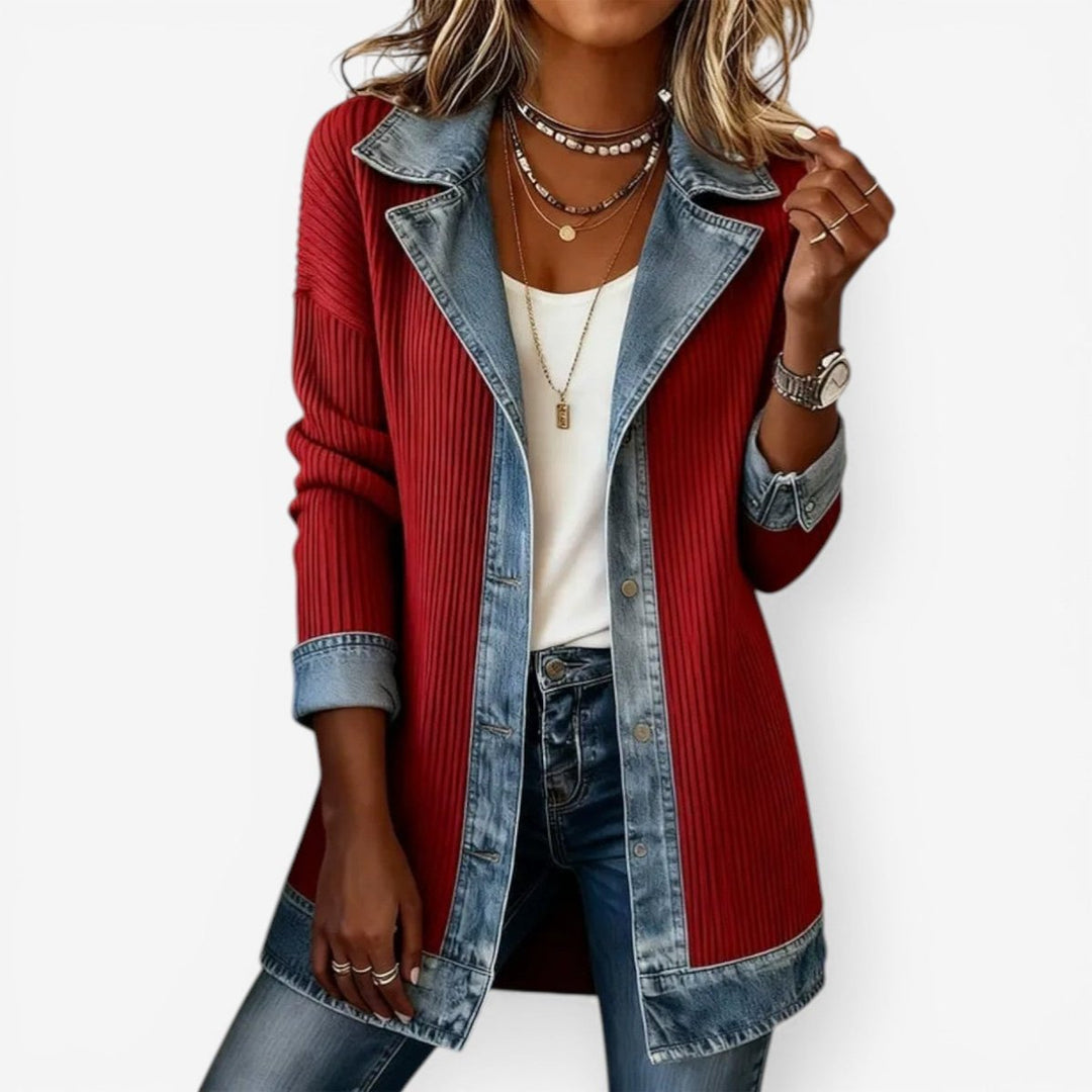 Women's Long-Sleeve Denim Trim Ribbed Knit Vintage Blouse