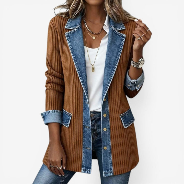 Women's Long-Sleeve Denim Trim Ribbed Knit Vintage Blouse
