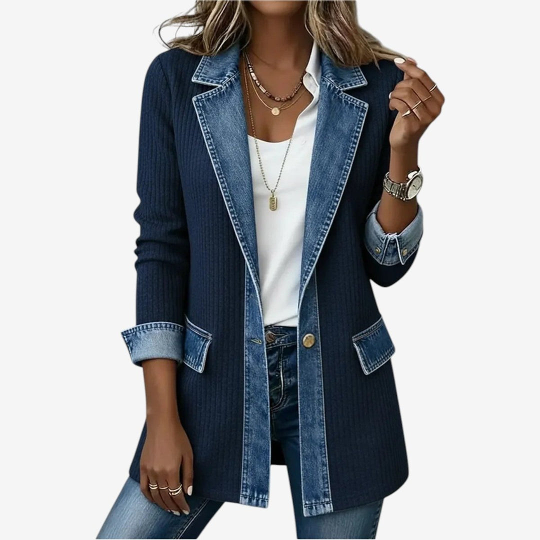 Women's Long-Sleeve Denim Trim Ribbed Knit Vintage Blouse