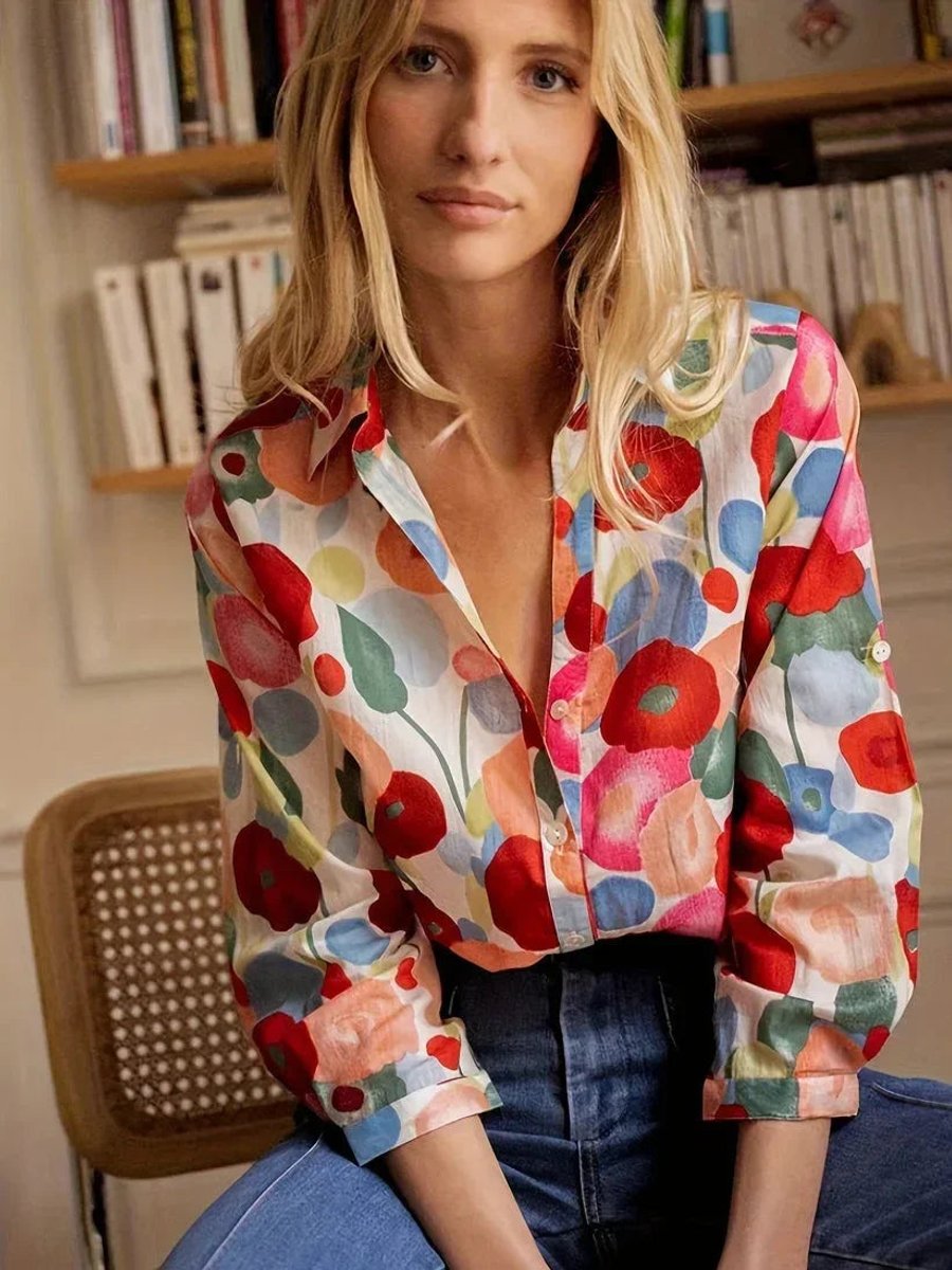 Women's Long-Sleeve Floral Blouse Vintage Button-Up Shirt