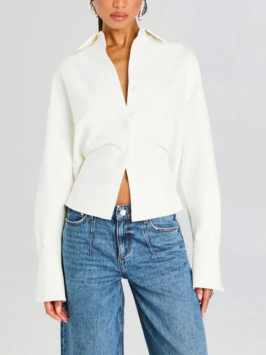 Women's Long-Sleeve Flowy Button-Up Blouse Off-White