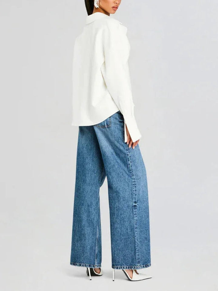 Women's Long-Sleeve Flowy Button-Up Blouse Off-White
