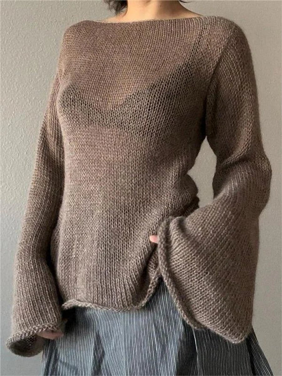 Women's Long-Sleeve Knit Open-Back Flared-Cuff Jumper Top