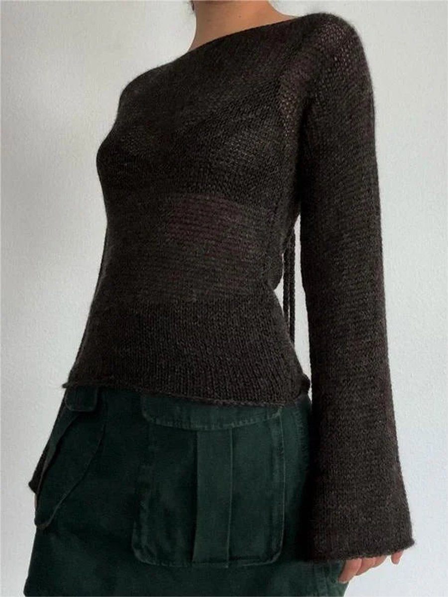 Women's Long-Sleeve Knit Open-Back Flared-Cuff Jumper Top