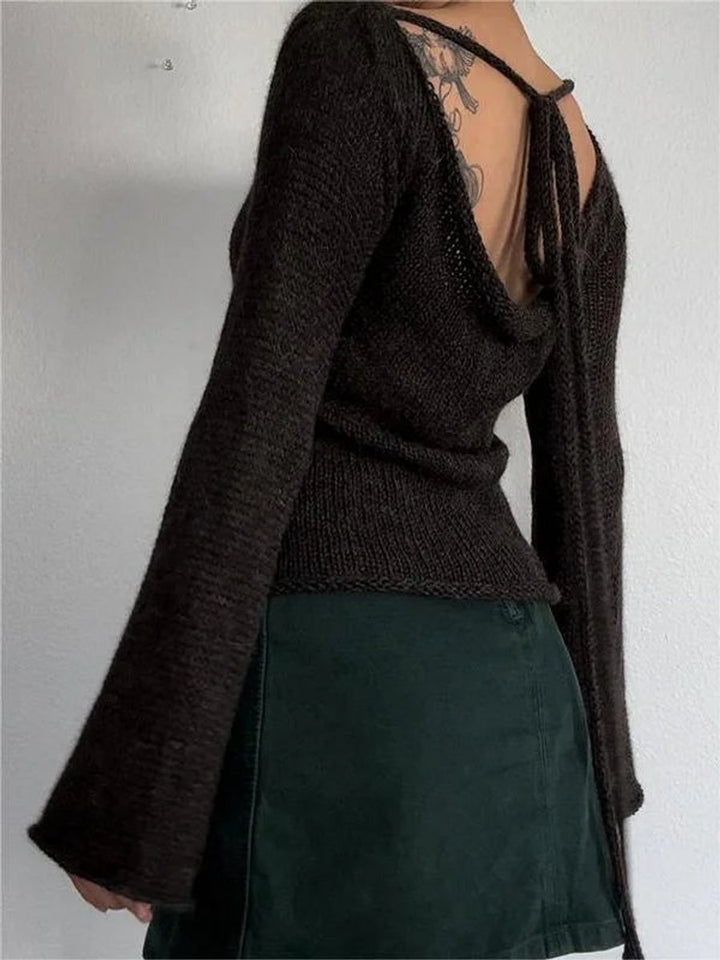 Women's Long-Sleeve Knit Open-Back Flared-Cuff Jumper Top