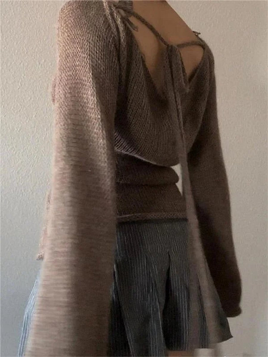 Women's Long-Sleeve Knit Open-Back Flared-Cuff Jumper Top