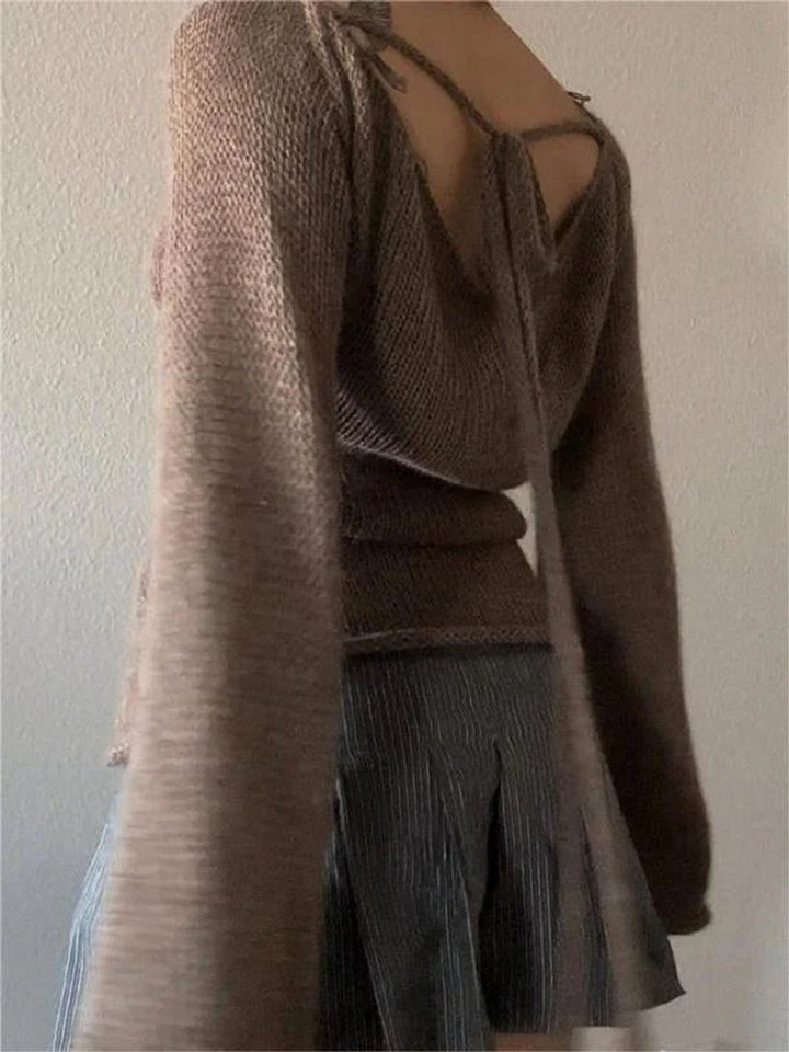 Women's Long-Sleeve Knit Open-Back Flared-Cuff Jumper Top