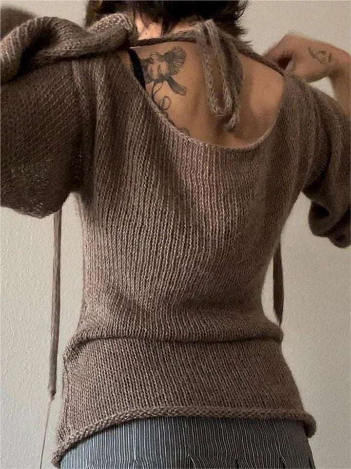 Women's Long-Sleeve Knit Open-Back Flared-Cuff Jumper Top