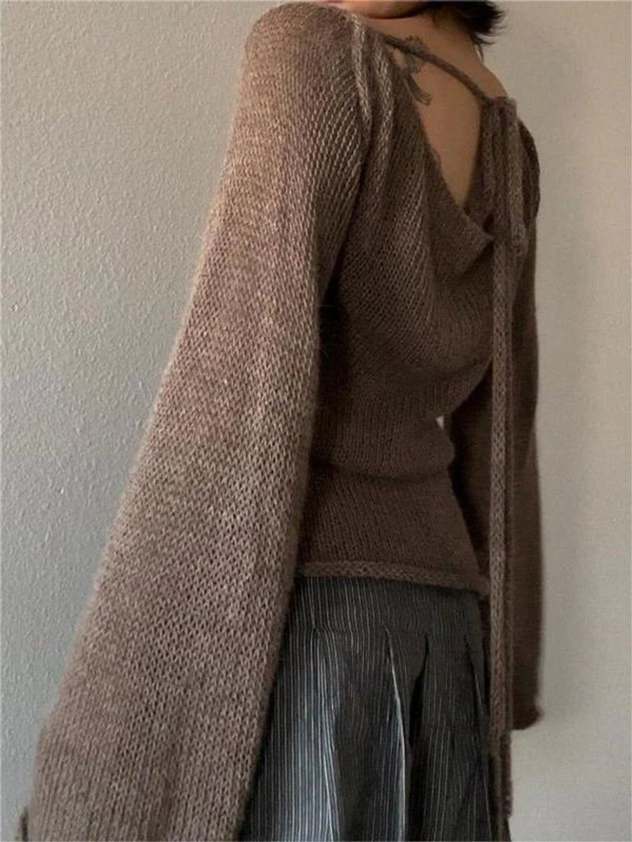 Women's Long-Sleeve Knit Open-Back Flared-Cuff Jumper Top