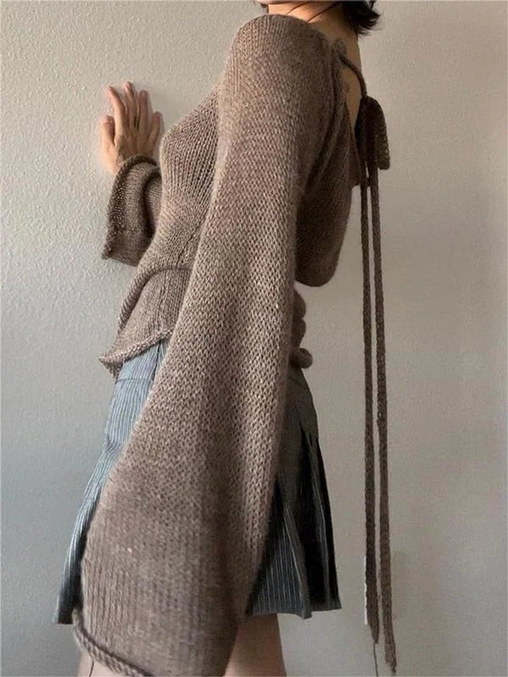 Women's Long-Sleeve Knit Open-Back Flared-Cuff Jumper Top