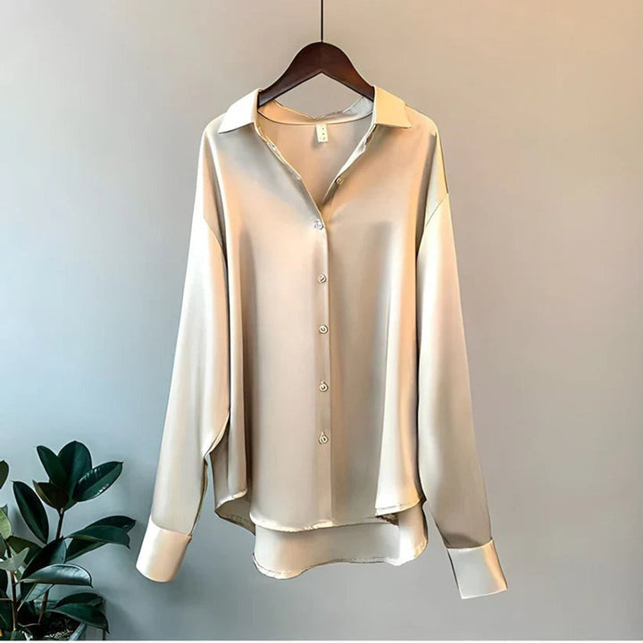 Women's Long-Sleeve Satin Blouse Fluid-Fit Asymmetric Hem