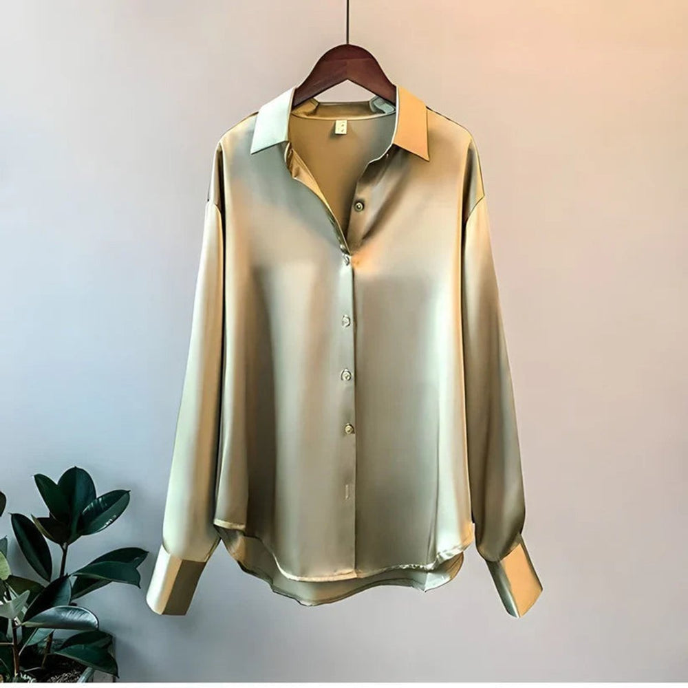 Women's Long-Sleeve Satin Blouse Fluid-Fit Asymmetric Hem