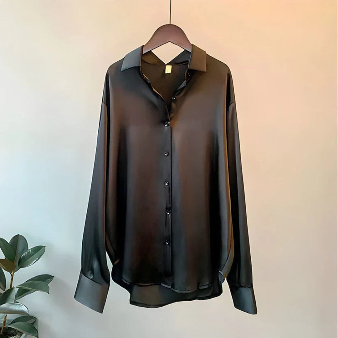 Women's Long-Sleeve Satin Blouse Fluid-Fit Asymmetric Hem