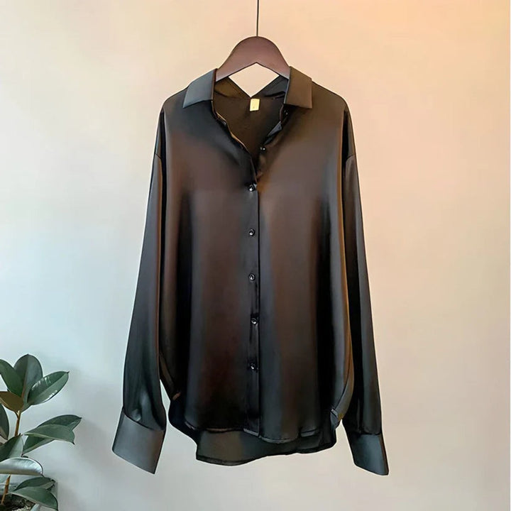 Women's Long-Sleeve Satin Blouse Fluid-Fit Asymmetric Hem