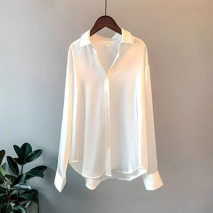 Women's Long-Sleeve Satin Blouse Fluid-Fit Asymmetric Hem
