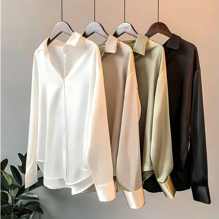 Women's Long-Sleeve Satin Blouse Fluid-Fit Asymmetric Hem