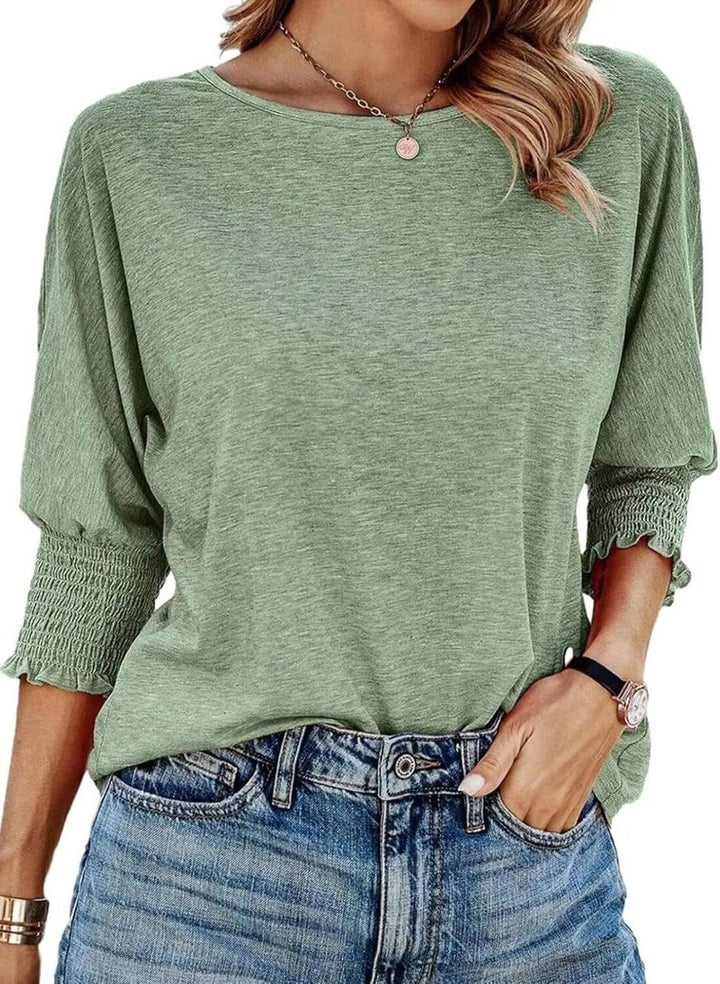 Women's Long-Sleeve Smocked Cuff Relaxed Batwing Blouse Top